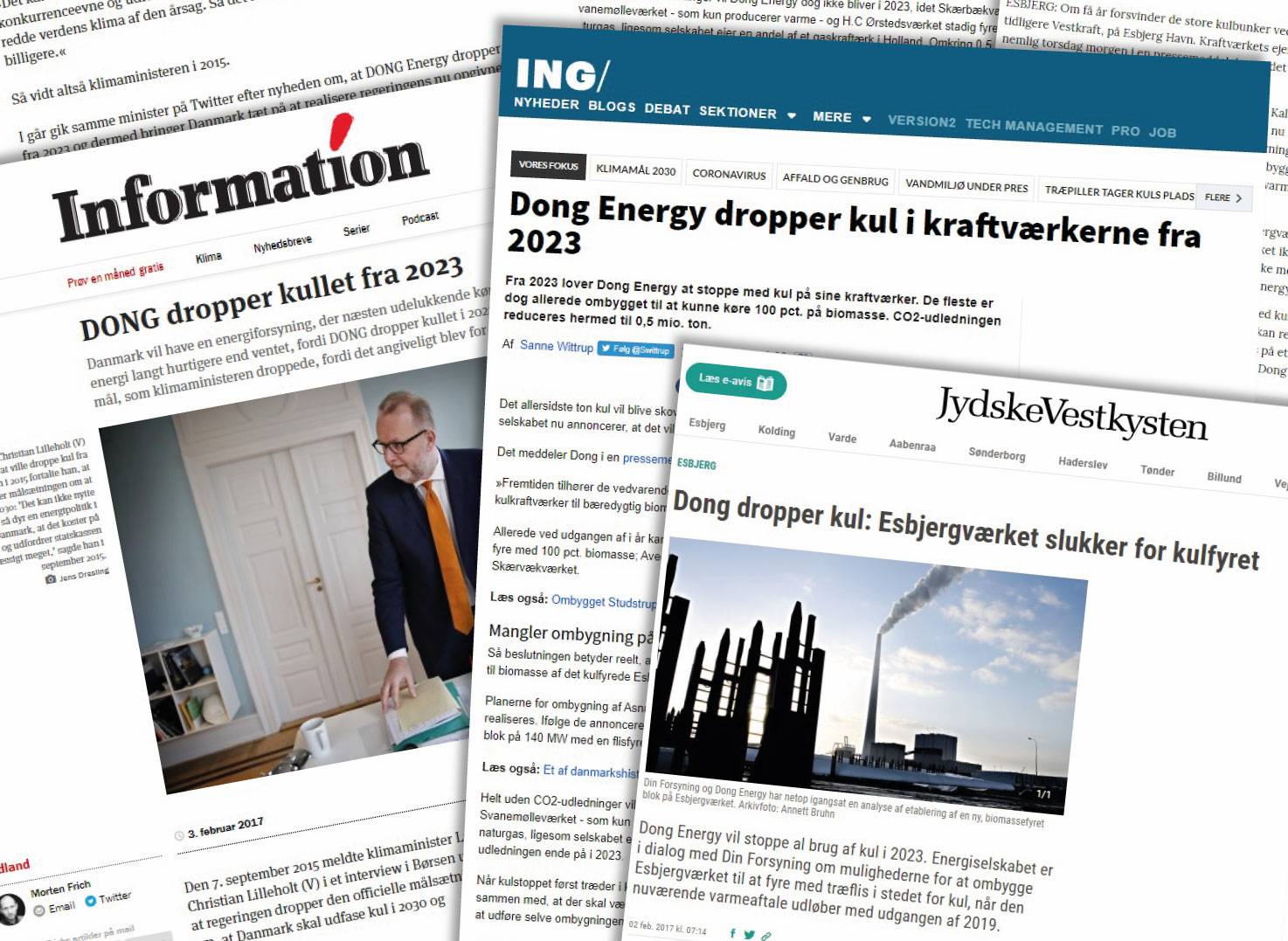 Collage af artikler om Dong Energy (nu Ørsted) ambitiøse plan om at udfase kul